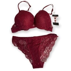 bluewhalebaby intimates maroon padded sexy women lace bra panty set Sz L
